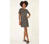 Roman Originals Check Print T-Shirt Stretch Dress for Women UK - Ladies Everyday Autumn Winter Round Neckline Comfy Soft Evening Vacation Work Party Night Out - Grey - Size 16