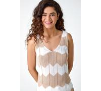 Roman Chevron Stripe Knit Top for Women UK - Ladies Spring Everyday Summer Holiday V-Neckline Comfy Sleeveless Soft Lightweight Shirt Beach Vacation Vests - Natural - Size 16