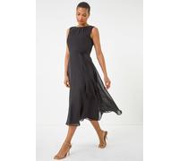 Roman Women's Chiffon Pleated Neck Midi Dress in Black | Size: 14 Roman Black 14
