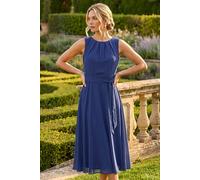Roman Women's Chiffon Pleated Neck Midi Dress in Navy | Size: 18