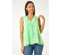 Roman Women Frill Front Vest Top Ladies Ruffle Blouse Summer Spring Special Occasion Evening Holiday Cruise Cocktail Party Short Long Sleeve Sleeveless V-Neck - Mint - Size 12