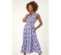 Roman Originals Circle Print Shirt Dress for Women UK - Ladies Everyday Holiday Spring Summer V-Neckline Comfy Soft Evening Vacation Work Party - Royal Blue - Size 18