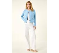 Roman Originals Collarless Cropped Boucle Jacket for Women UK - Ladies Everyday Holiday Spring Summer Edge to Edge Opening Comfy Soft Evening Vacation Work Party - Light Blue - Size 18