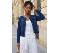Roman Cropped Cotton Denim Jacket for Women UK - Ladies Spring Everyday Summer Holiday Functional Pockets Soft Classic Collar Comfy Long Sleeve Quality Fabric Coats - Indigo - Size 20