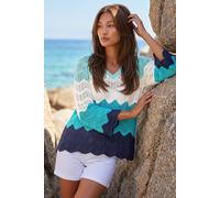 Roman Colour Block Crochet Knit Scalloped Jumper for Women UK - Ladies Spring Everyday Summer Holiday - Turquoise - Size 18