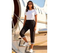 Roman Originals Cropped Stretch Trouser for Women UK - Ladies Capri Pants Summer Leggings 3/4 Three Quarter Pedal Pusher Elasticated Waist Cut Off Contrast Detail Pull On Work - Black - Size 10