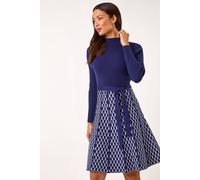 Roman Women's Contrast Skirt Knit Jacquard Dress in Navy | Size: 18 Roman Navy 18