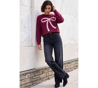 Roman Originals Contrast Stitch Bow Knit Jumper for Women UK - Ladies Everyday Holiday Spring Summer Crew Neckline Comfy Soft Evening Vacation Work Party