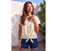 Roman Women Broderie Anglaise Tie Front Top Ladies Floral Crochet Embroidered Blouse Smart Casual Button Down Summer T-Shirt Tee Spring Cruise Beach Holiday Party Yellow