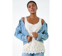 Roman Originals Cotton Crochet Knit Vest Top for Women UK - Ladies Everyday Holiday Spring Summer Round Neckline Comfy Soft Evening Vacation Work Party - Natural - Size 12