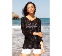 Roman Cotton Crochet Tunic for Women UK Ladies Cotton Lace Top Blouse Crinkle Embroidered Eyelet Broderie Anglaise Spring Summer Beach Holiday Cool Loose Jumper Cover Up - Black - Size 12