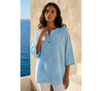 Roman Cotton Floral Embroidered Tunic Top for Women UK - Ladies Spring Everyday Summer Holiday Notch Neckline Comfy 3/4 Sleeve Soft Button Detail Top Day Out Blouses - Light Blue - Size L