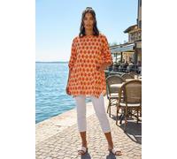Roman Originals Geometric Pocket Detail Longline Cotton Top for Women UK - Ladies Everyday Holiday Spring Summer Round Neckline Comfy Soft Evening Vacation Work Party - Orange - Size 14