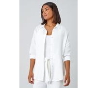 Roman Cotton Textured Button Shirt for Women UK - Ladies Spring Everyday Summer Holiday 3/4 Sleeve Soft Relaxed Fit Comfy Collared Blouse Vacation Tops - Ivory - Size 18