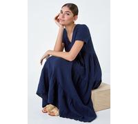 Roman Originals Cotton Textured Tiered Midi Dress for Women UK - Ladies Everyday Holiday Spring Summer V-Neckline Comfy Soft Evening Vacation Work Party - Navy - Size 18