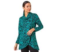 Roman Women's Cowl Neck Long Sleeve Tunic Ladies Lightweight Longline Patterned Top Blouse Snit Autumn Winter Work & Casual Smart Wear Going Out Party Loungewear - Leaf Teal - Size 10