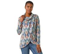 Roman Originals Women's Cowl Neck Long Sleeve Tunic Ladies Lightweight Longline Patterned Top Blouse Snit Autumn Winter Work & Casual Smart Wear Going Out Party Loungewear - Blue Multi - Size 14