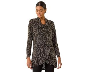 Roman Women's Cowl Neck Long Sleeve Tunic Ladies Lightweight Longline Patterned Top Blouse Snit Autumn Winter Work & Casual Smart Wear Going Out Party Loungewear - Gold - Size 12