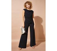 Roman Originals Cowl Neck Ruched Stretch Jumpsuit for Women UK - Ladies Everyday Autumn Winter Comfy Soft Evening Vacation Work Party Night Out - Black - Size 20