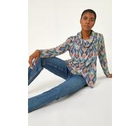 Roman Originals Women's Cowl Neck Long Sleeve Tunic Ladies Lightweight Longline Patterned Top Blouse Snit Autumn Winter Work & Casual Smart Wear Going Out Party Loungewear - Blue Multi - Size 14