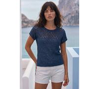 Roman Originals Crochet Mixed Knit Top for Women UK - Ladies Everyday Holiday Spring Summer Round Neckline Comfy Soft Evening Vacation Work Party - Navy - Size 20