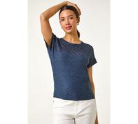 Roman Originals Crochet Mixed Knit Top for Women UK - Ladies Everyday Holiday Spring Summer Round Neckline Comfy Soft Evening Vacation Work Party - Navy - Size 20