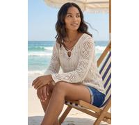 Roman Cotton Crochet Tunic for Women UK Ladies Cotton Lace Top Blouse Crinkle Embroidered Eyelet Broderie Anglaise Spring Summer Beach Holiday Cool Loose Jumper Cover Up - Ivory - Size 16