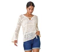Roman Cotton Crochet Tunic for Women UK Ladies Cotton Lace Top Blouse Crinkle Embroidered Eyelet Broderie Anglaise Spring Summer Beach Holiday Cool Loose Jumper Cover Up - Ivory - Size 18