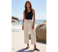 Roman Linen Mix Wide Cropped Trousers for Women UK Ladies Spring Everyday Summer Break Elasticated Waist Comfy Pocket Detail Soft Lightweight Pants Vacation - Plain Natural - Size 18