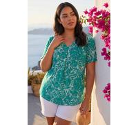 Roman Women's Curve Abstract Print V-Neck Top in Green | Size: 22-24 Roman Green 22-24