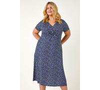 Roman Originals Twist Front Midi Dress for Women UK - Ladies Everyday Autumn Winter Round Neckline Comfy Soft Evening Vacation Work Party Night Out - Navy Plus - Size 20