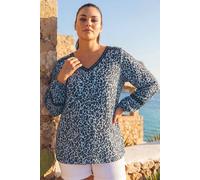 Roman Curve Animal Print Studded Top for Women UK - Ladies Everyday Autumn Winter V-Neckline Comfy Soft Evening Vacation Work Party Night Out - Blue Plus - Size 16