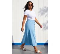 Roman Curve Button Through Denim Skirt for Women UK - Ladies Spring Everyday Summer Holiday Pocket Front Comfy Midi Length Soft Jean Day Out Skirts - Light Blue - Size 18