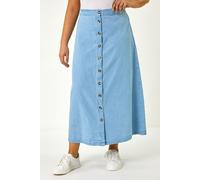 Roman Curve Button Through Denim Skirt for Women UK - Ladies Spring Everyday Summer Holiday Pocket Front Comfy Midi Length Soft Jean Day Out Skirts - Light Blue - Size 18