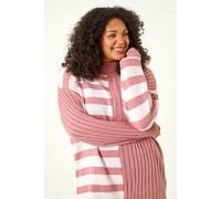 Roman Curve Contrast Stripe High Neck Jumper for Women UK - Ladies Everyday Autumn Winter Comfy Soft Evening Vacation Work Party Night Out - Pink Plus - Size 18