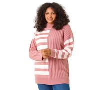 Roman Curve Contrast Stripe High Neck Jumper for Women UK - Ladies Everyday Autumn Winter Comfy Soft Evening Vacation Work Party Night Out - Pink Plus - Size 18