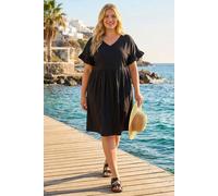 Roman Curve Cotton V-Neck Frill Dress for Women UK - Ladies Everyday Holiday Spring Summer V-Neckline Comfy Soft Evening Vacation Work Party - Black Plus - Size 20