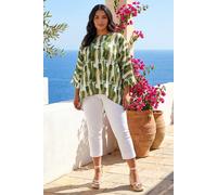 Roman Curve Dipped Hem Abstract Print Top for Women UK - Ladies Everyday Autumn Winter Round Neckline Comfy Soft Evening Vacation Work Party Night Out - Green Plus - Size 2224