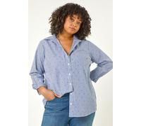 Roman Curve Shirt for Women Ladies Cotton Blouse Button Through Tunic Printed Top Work Long Sleeve Smart Casual Going Out Work Office V Neck Everyday Evening Event - Blue Plus - Size 18