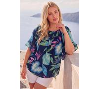 Roman Women's Curve Floral Print Shirred Bardot Top in Navy | Size: 30/32