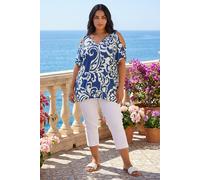 Roman Women's Curve Floral Print V-Neck Cold Shoulder Top in Navy | Size: 22/24
