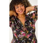 Curve Floral Print V-Neck Zip Front Top Roman Pink 22-24