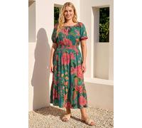 Roman Curve Tropical Print Tie Neck Midi Dress for Women UK - Ladies Spring Everyday Summer Holiday Short Sleeve Soft Swing Comfy Floral Frock Dinner Date Gowns - Plus Floral Green - Size 20