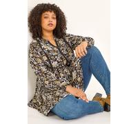 Roman Curve Floral Woven Tunic Top for Women UK - Ladies Everyday Autumn Winter Notch Neckline Comfy Soft Evening Vacation Work Party Night Out - Black Plus - Size 16