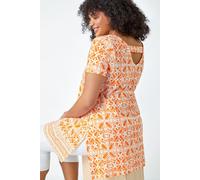 Roman Curve Women Geo Print Longline Top - Ladies Spring Everyday Summer Evening Vacation Work Holiday Short Sleeve Smart Casual - Orange - Size 18