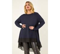Roman Chiffon Dipped Hem Top Asymmetric Tunic for Women UK Ladies Stretchy Jersey Flared Blouse Smart Fit & Flare Form Casual Loose Longline Party Hanky Tunics - Blue Plus - Size 16