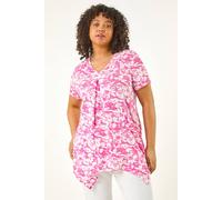 Roman Curve Hanky Hem Floral Tunic Top for Women UK - Ladies Everyday Holiday Spring Summer Round Neckline Comfy Soft Evening Vacation Work Party - Pink Plus - Size 20
