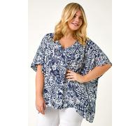 Roman Women's Curve Ikat Print Asymmetric Blouse in Navy | Size: 18 Roman Navy 18