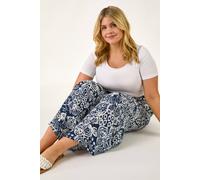 Roman Curve Abstract Spot Print Palazzo Trouser for Women UK - Ladies Everyday Holiday Spring Summer Comfy Soft Evening Vacation Work Party - Navy Ikat Plus - Size 20