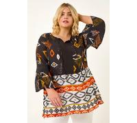 Roman Curve Ikat Print Woven Top for Women UK - Ladies Everyday Holiday Spring Summer Round Neckline Comfy Soft Evening Vacation Work Party - Orange Plus - Size 16